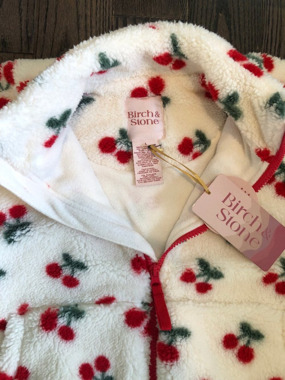 🍒 NWT Birch & Stone Kids Cherry Teddy Fleece Zip-Up | Kids Large 🍒
